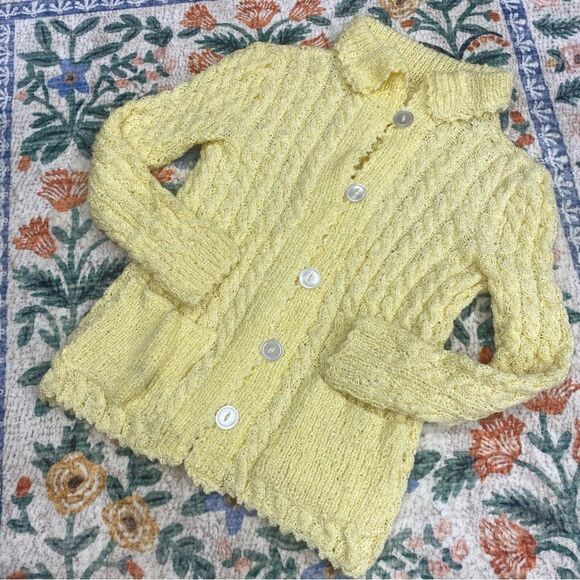 Vintage Hand Knit Scandinavian Cardigan Sweater Button Front Pockets Yellow - Picture 1 of 3
